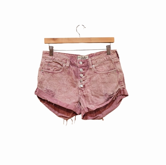 Free People Romeo Rolled Hem Cut Off Denim Jean Button Fly Shorts Mauve Pink 26 - Picture 3 of 11